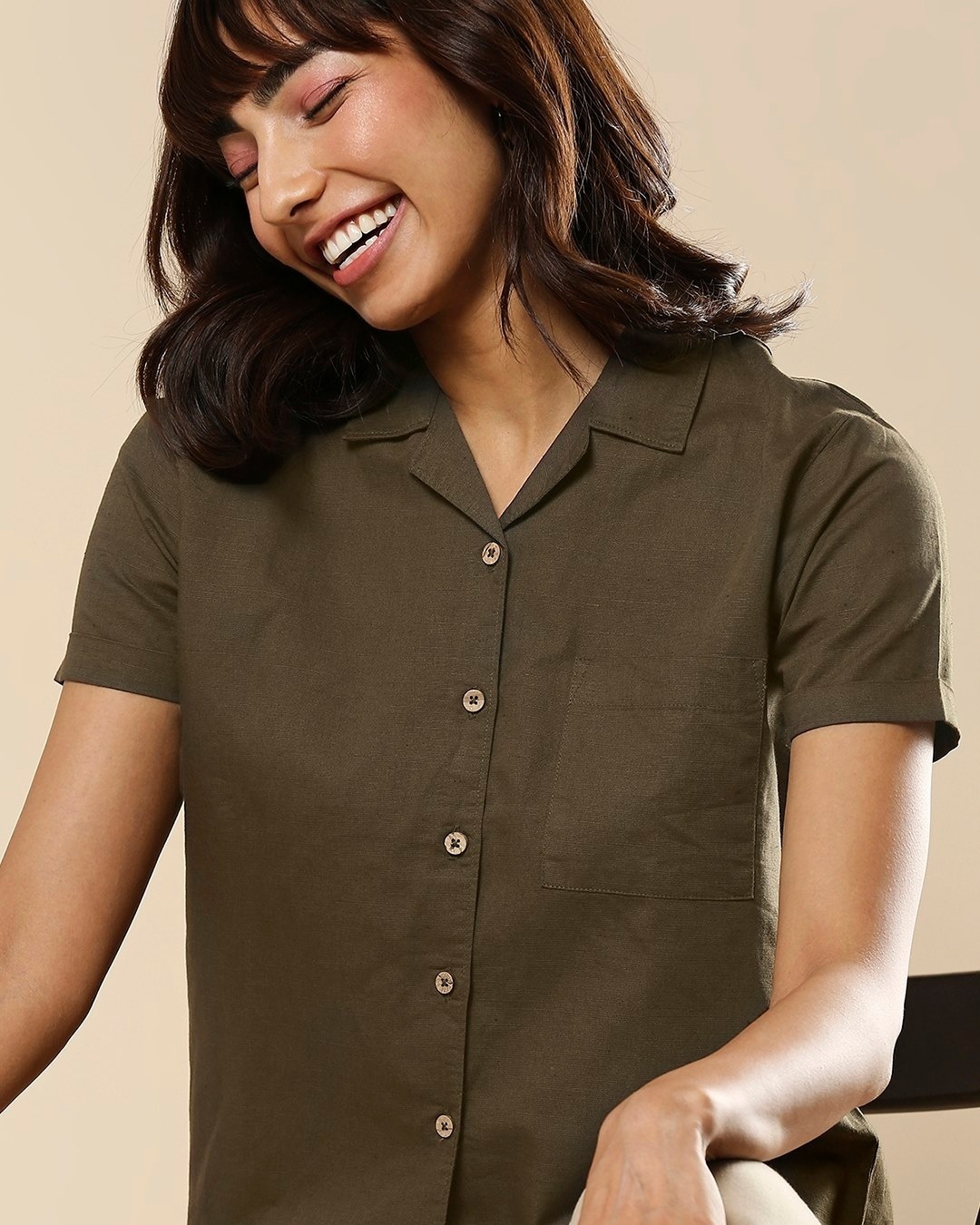 Shop Women's Linen Half Sleeves Lapel Collar Pocket Shirt-Front