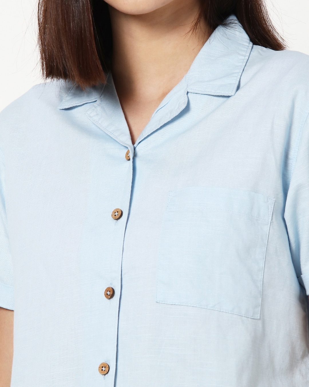 Shop Women's Linen Half Sleeves Lapel Collar Pocket Shirt