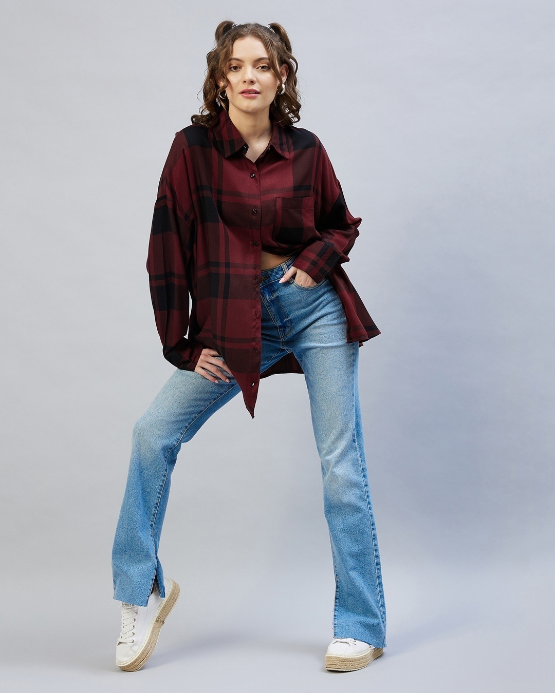 women s maroon black checked oversized shirt 635651 1711025004 5 - Bewakoof Blog