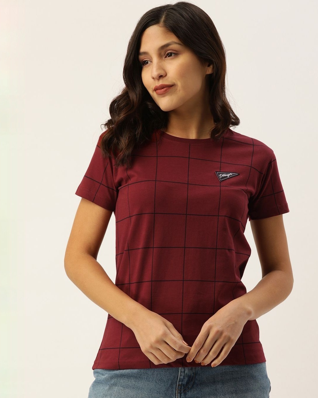 Shop Women's Maroon Checkered T-shirt-Front