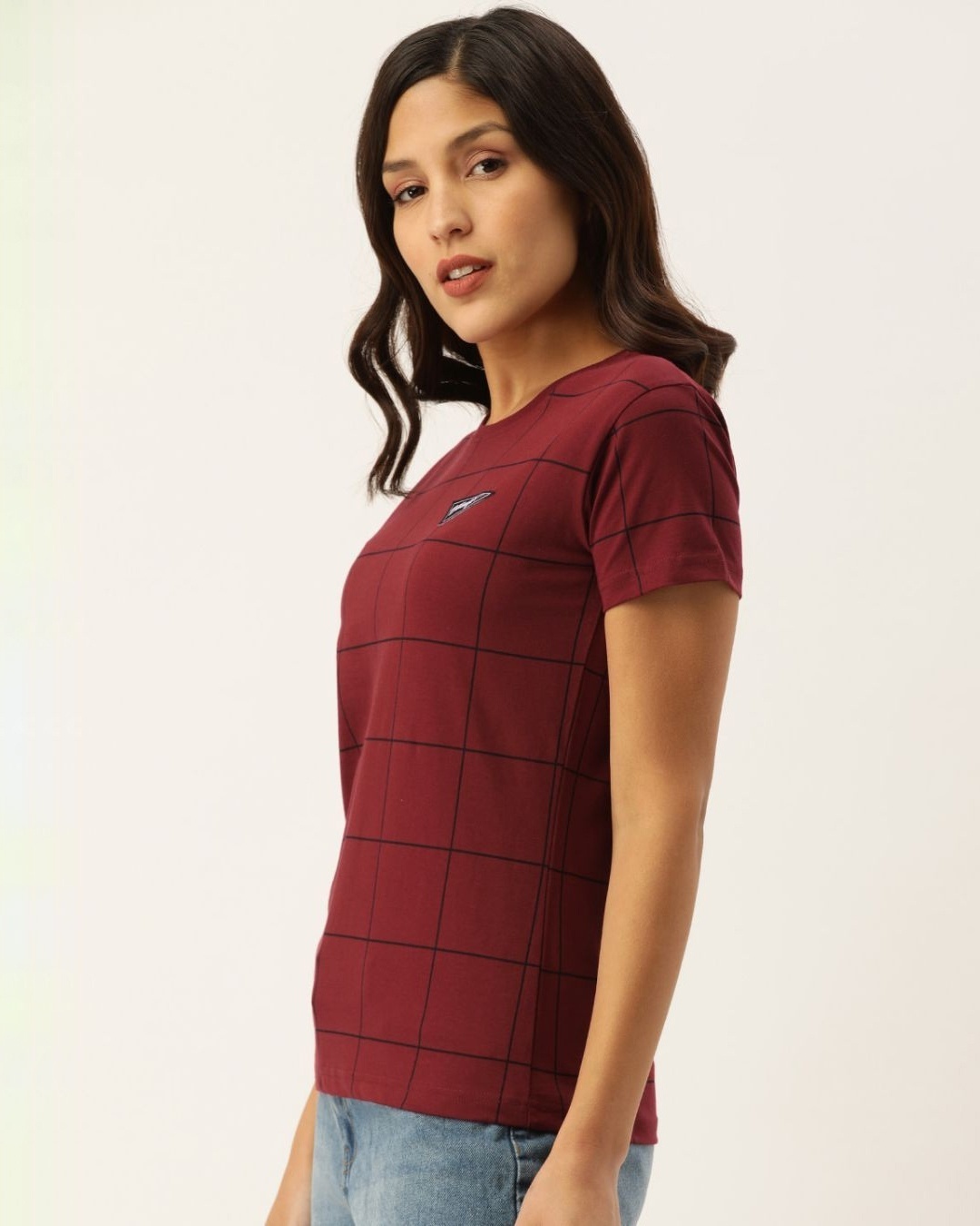 Shop Women's Maroon Checkered T-shirt-Design
