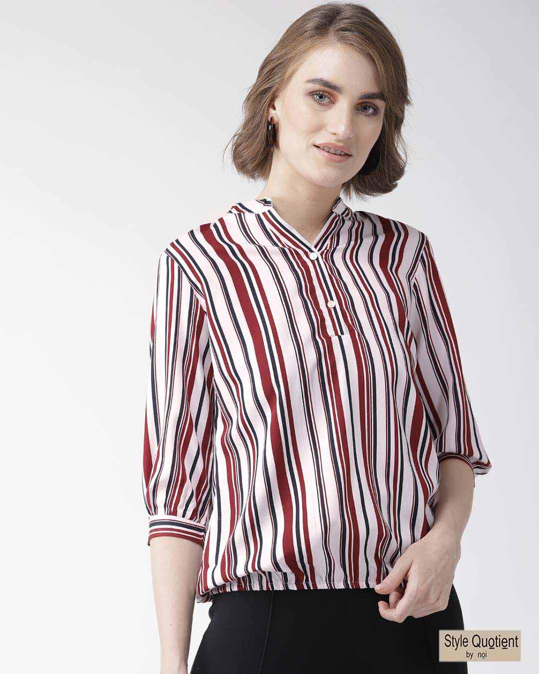 Shop Women's Maroon & White Striped Shirt Style Top-Front