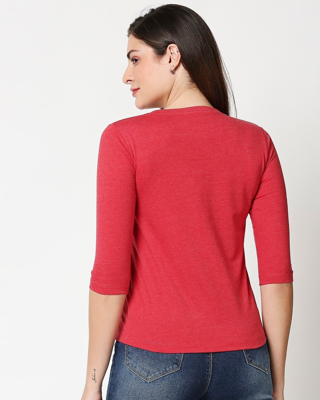 Shop Women's Red 3/4 Sleeve Slim Fit T-shirt-Full