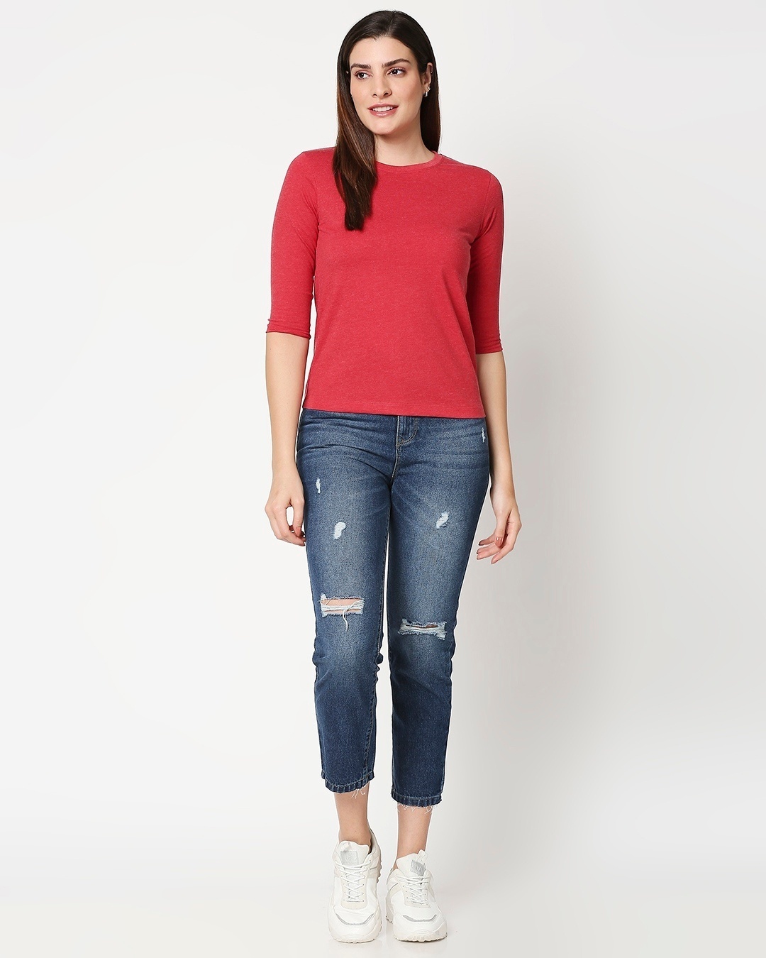 Shop Women's Red 3/4 Sleeve Slim Fit T-shirt