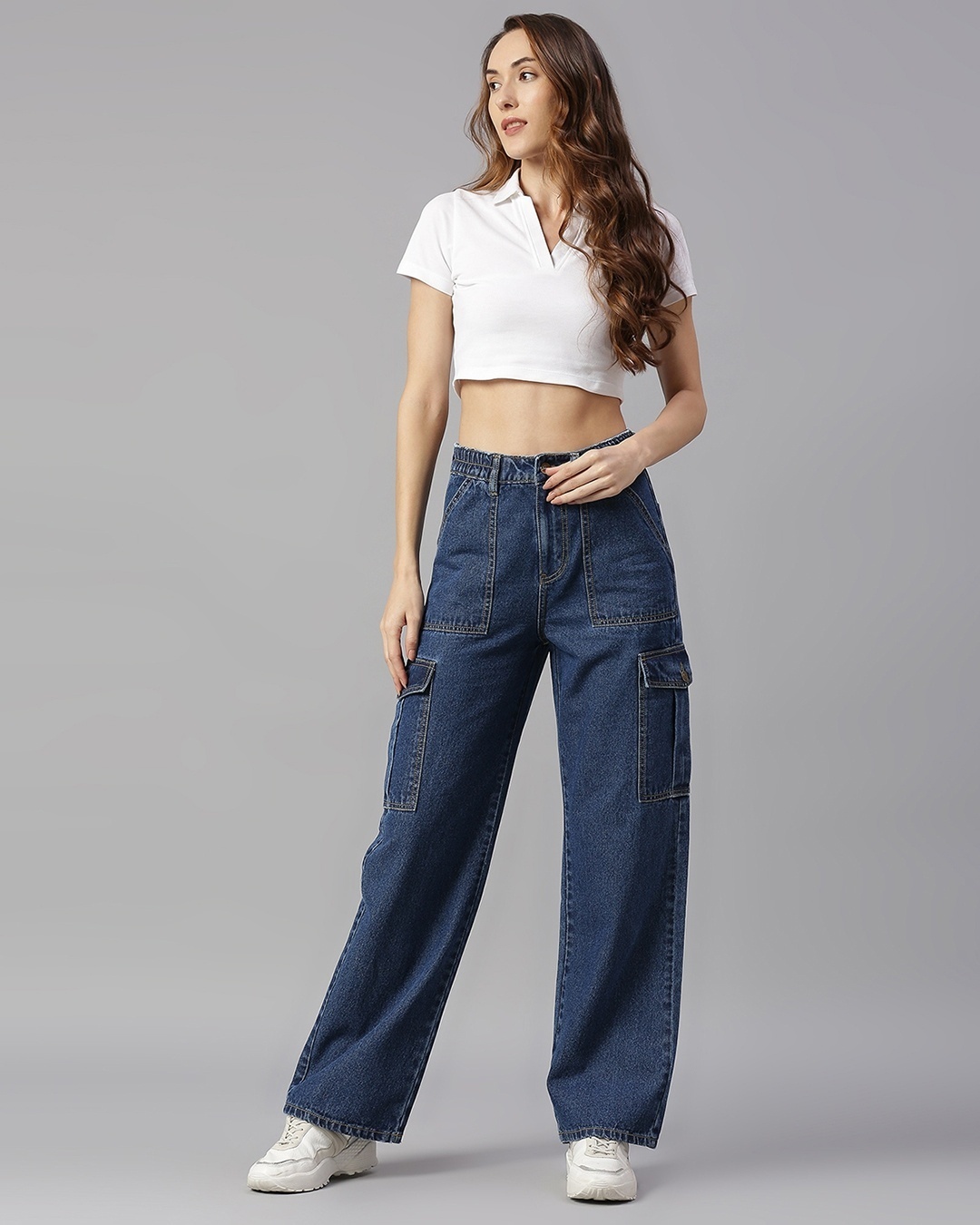 woman styled a straight leg jean