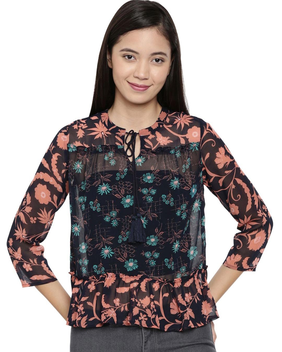 Shop Women's Midnight Flowers Printed Navy Blue Top-Front
