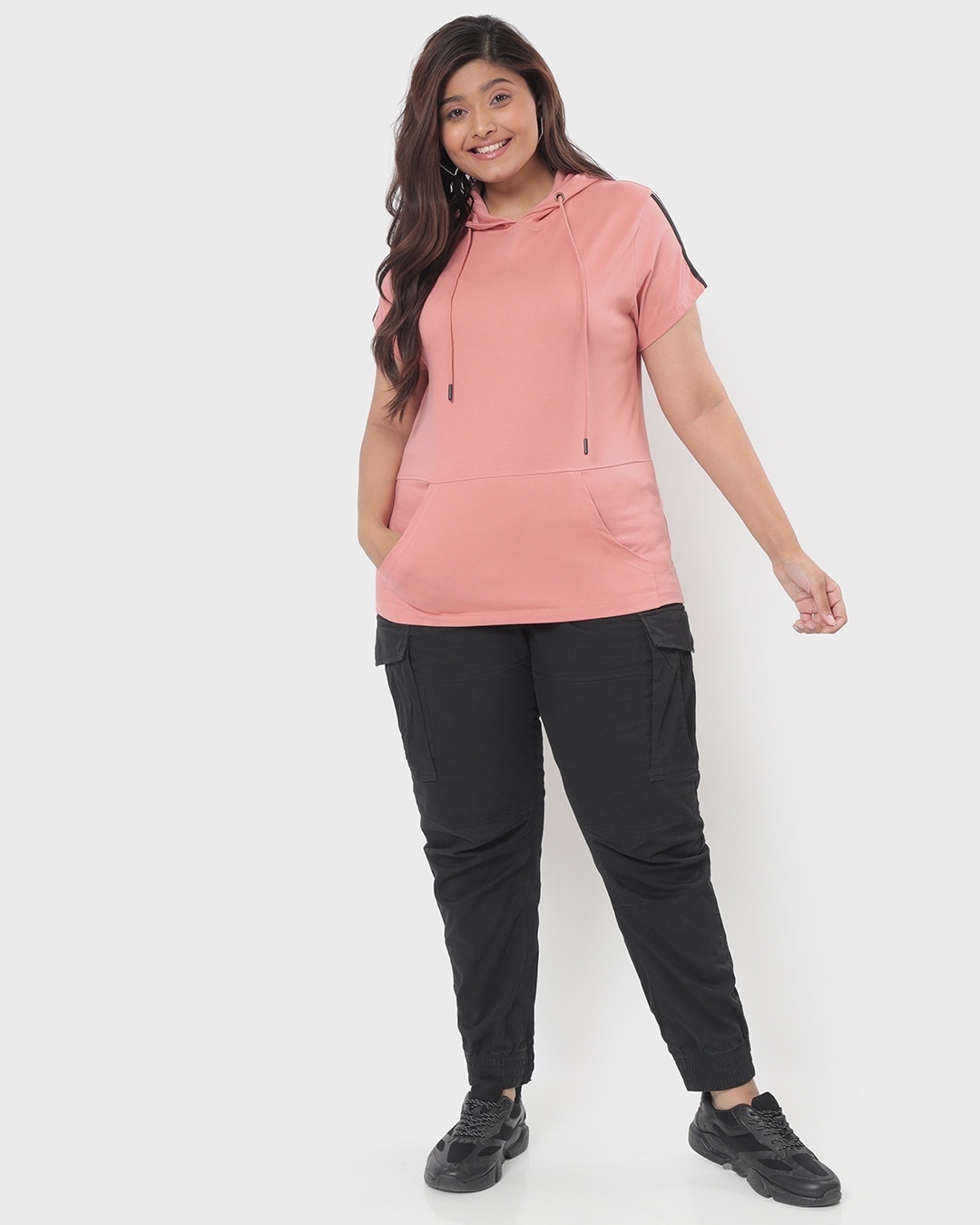 Shop Women's Misty Pink Plus Size Slim Fit Hoodie T-shirt-Full