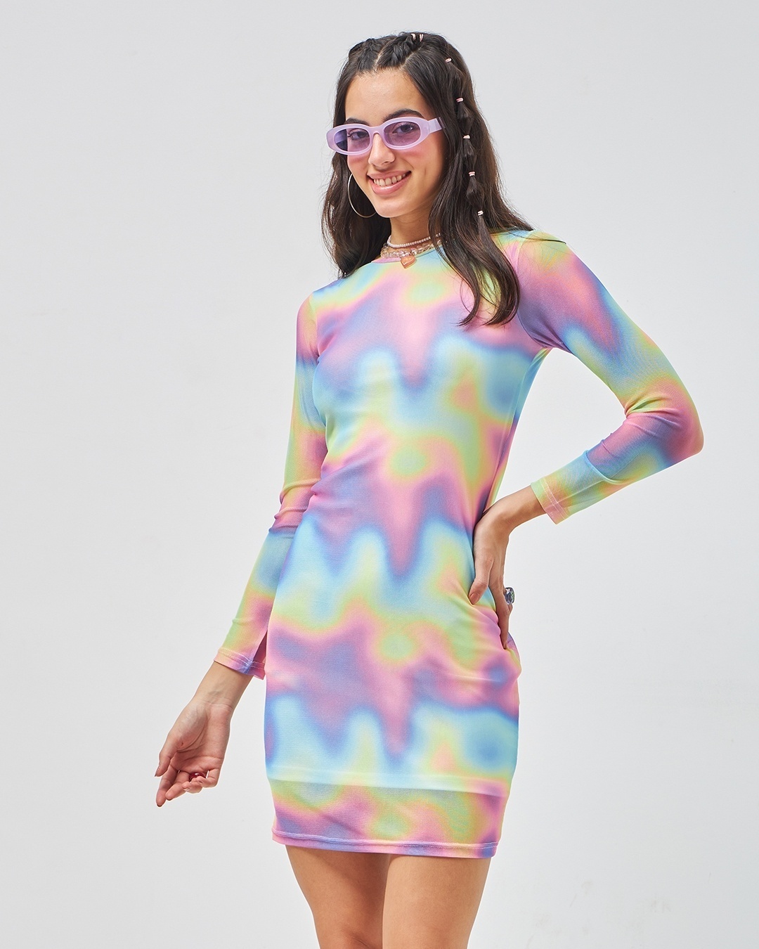 Women's Multicolor All Over Printed Slim Fit Bodycon Dress paired with colorful sneakers