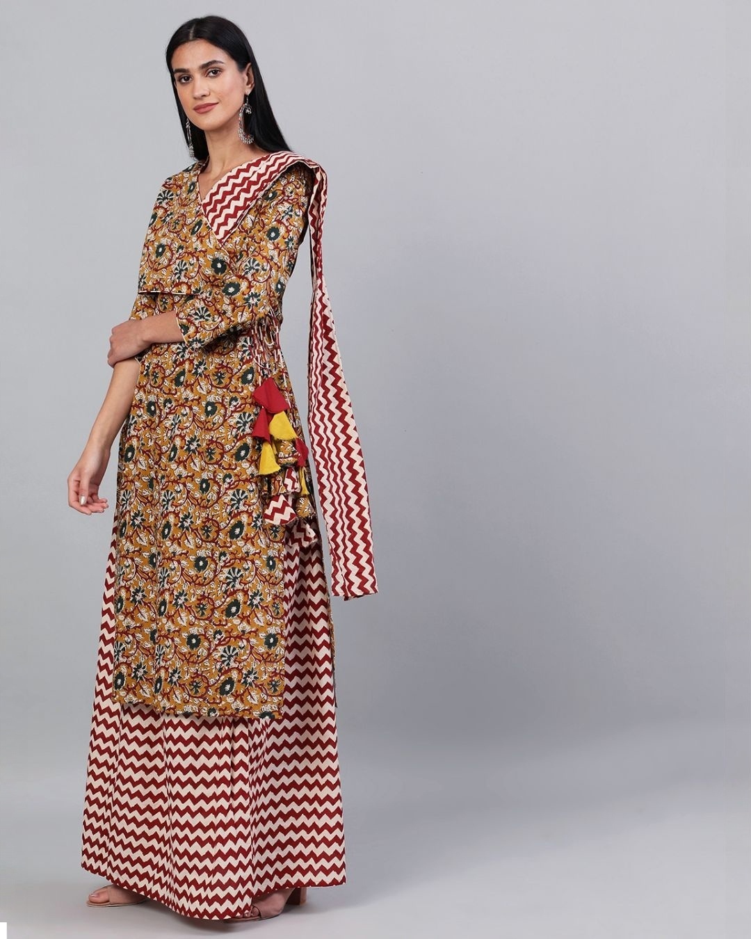 Shop Women's Mustard Floral Printed Kurta With Zig Zag Skirt & Dupatta Set-Design