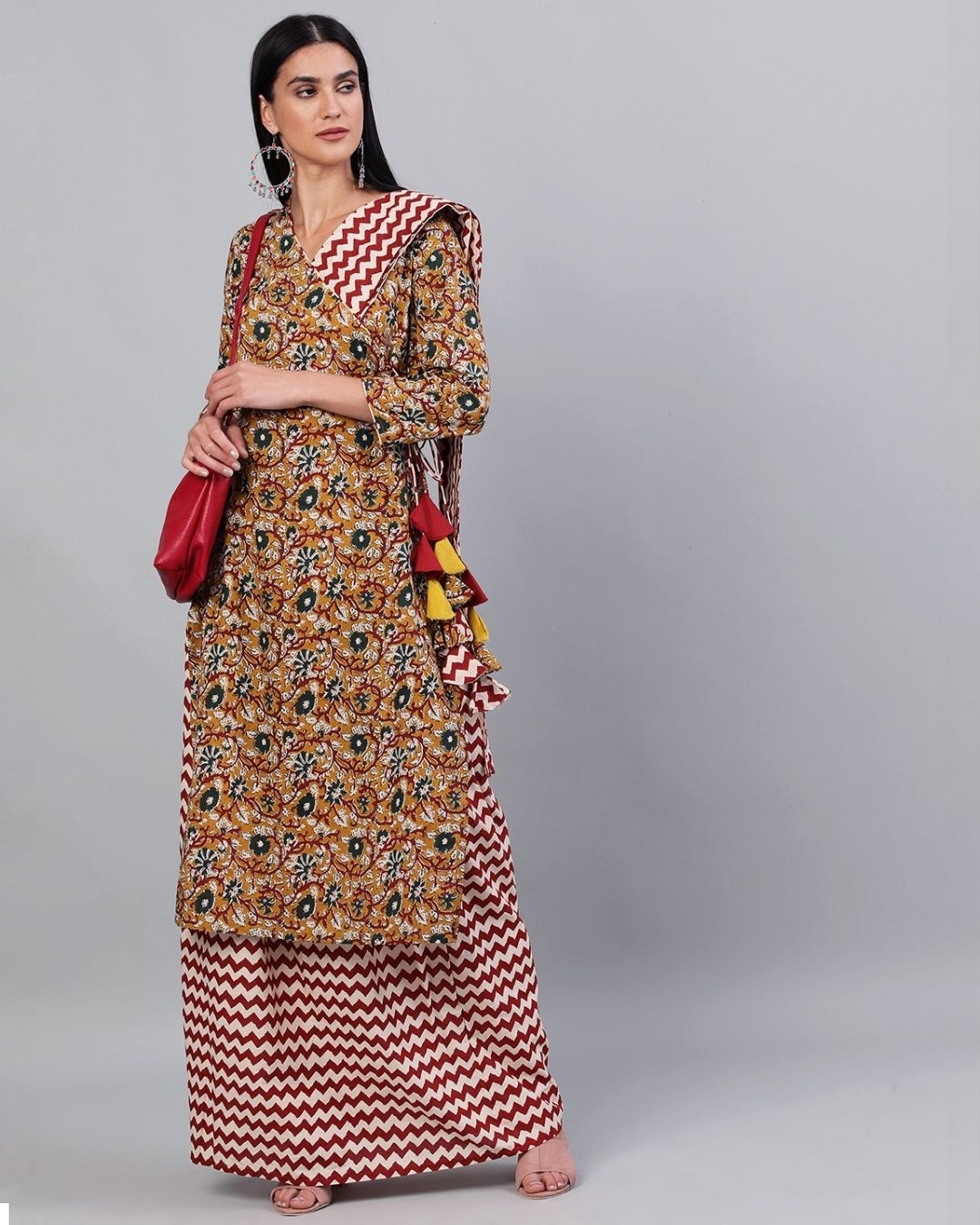 Shop Women's Mustard Floral Printed Kurta With Zig Zag Skirt & Dupatta Set
