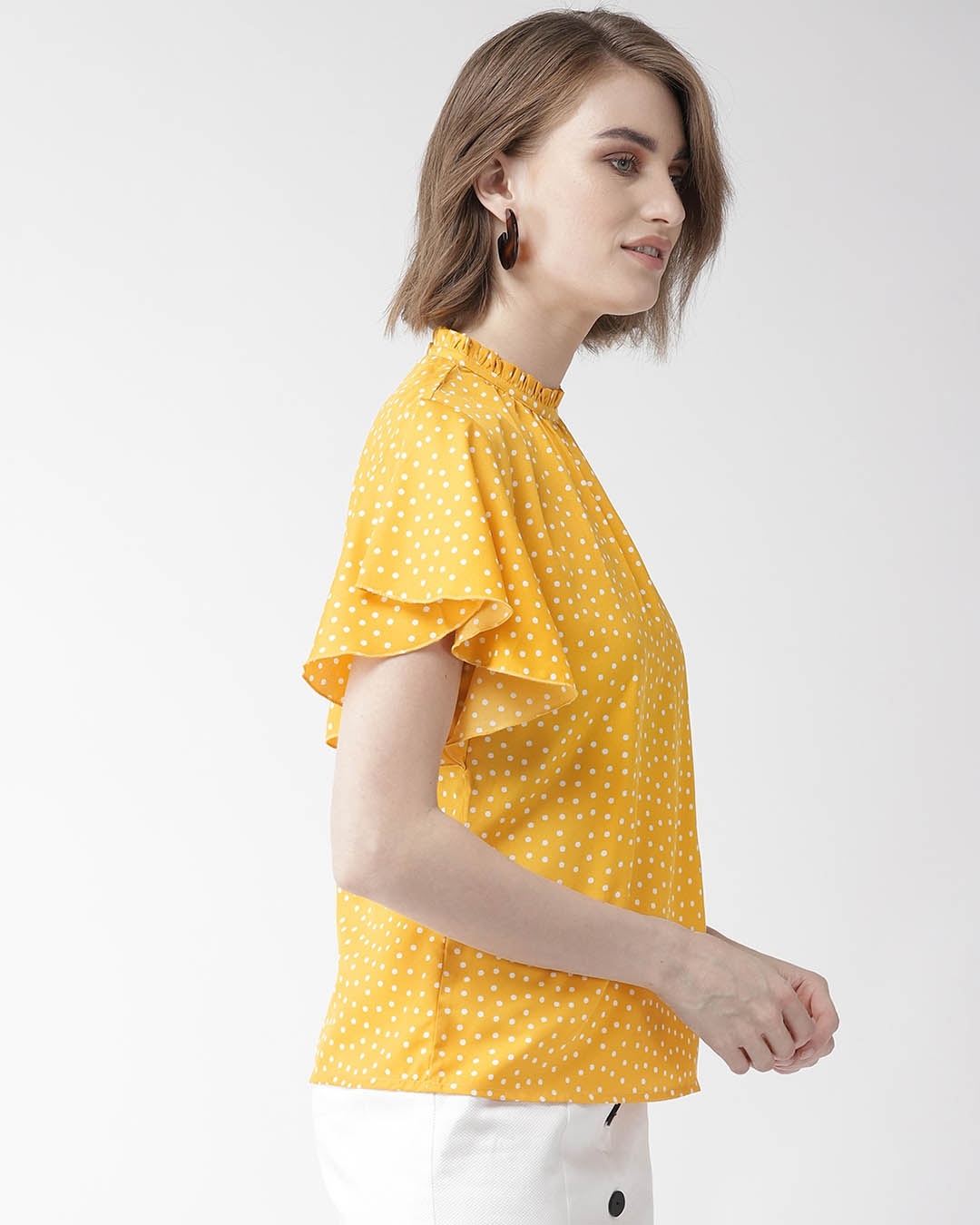 Shop Women's Mustard Yellow & White Polk Dot Print Top-Back