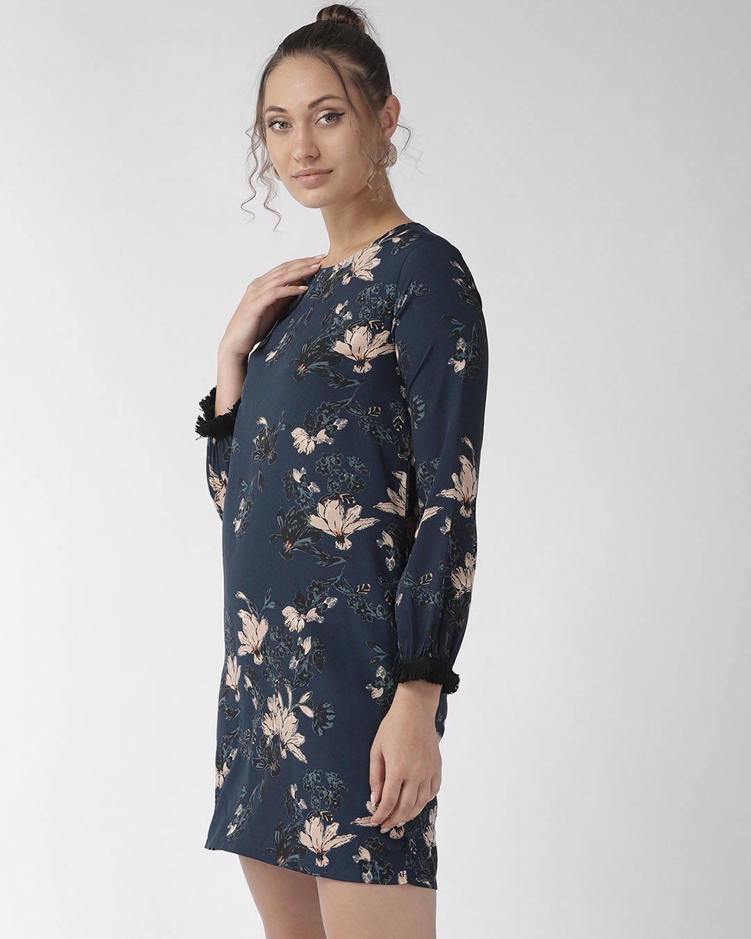 Shop Women's Navy Blue & Beige Floral Printed Sheath Dress-Back
