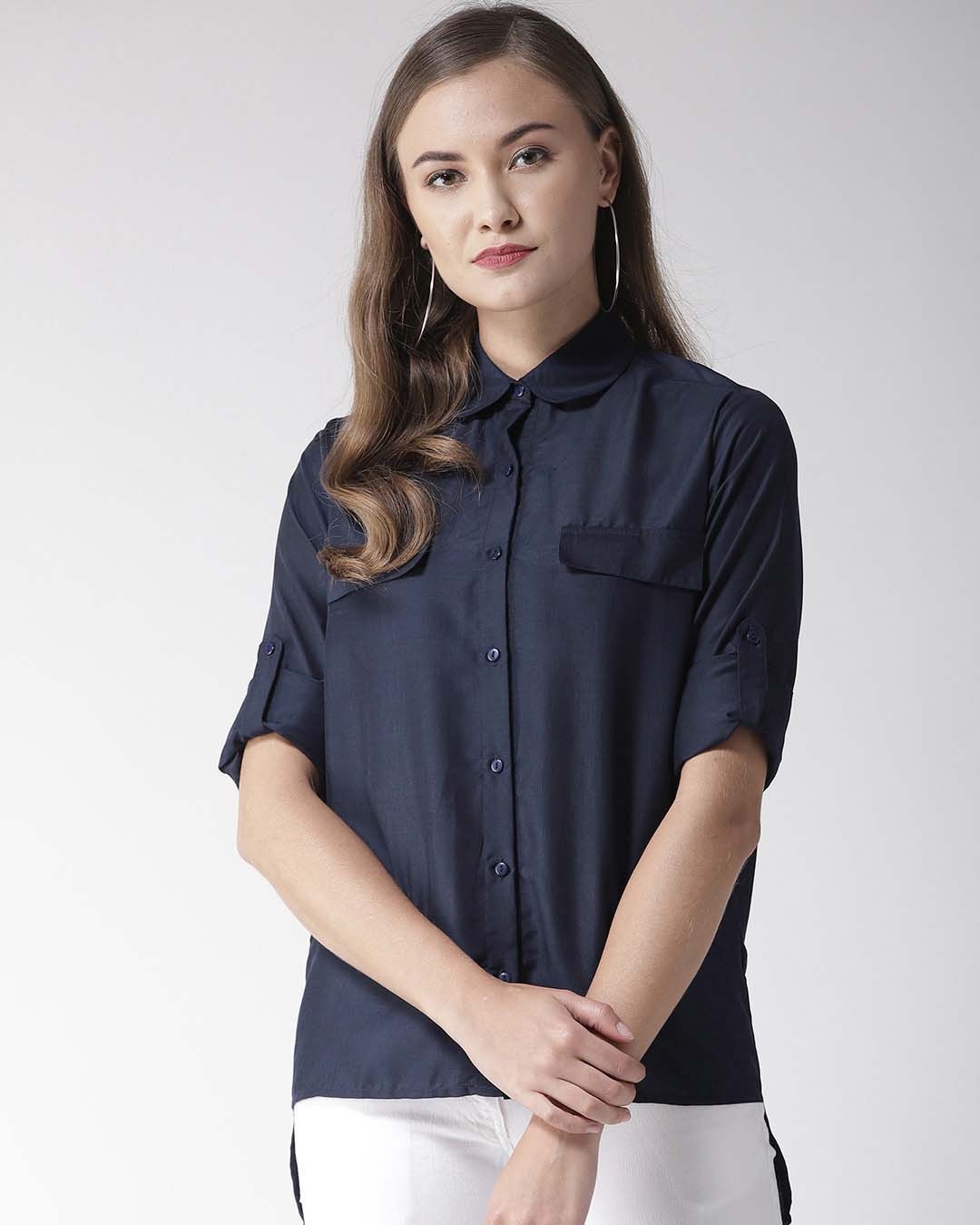 Shop Women's Navy Blue Classic Fit Solid Casual Shirt-Front