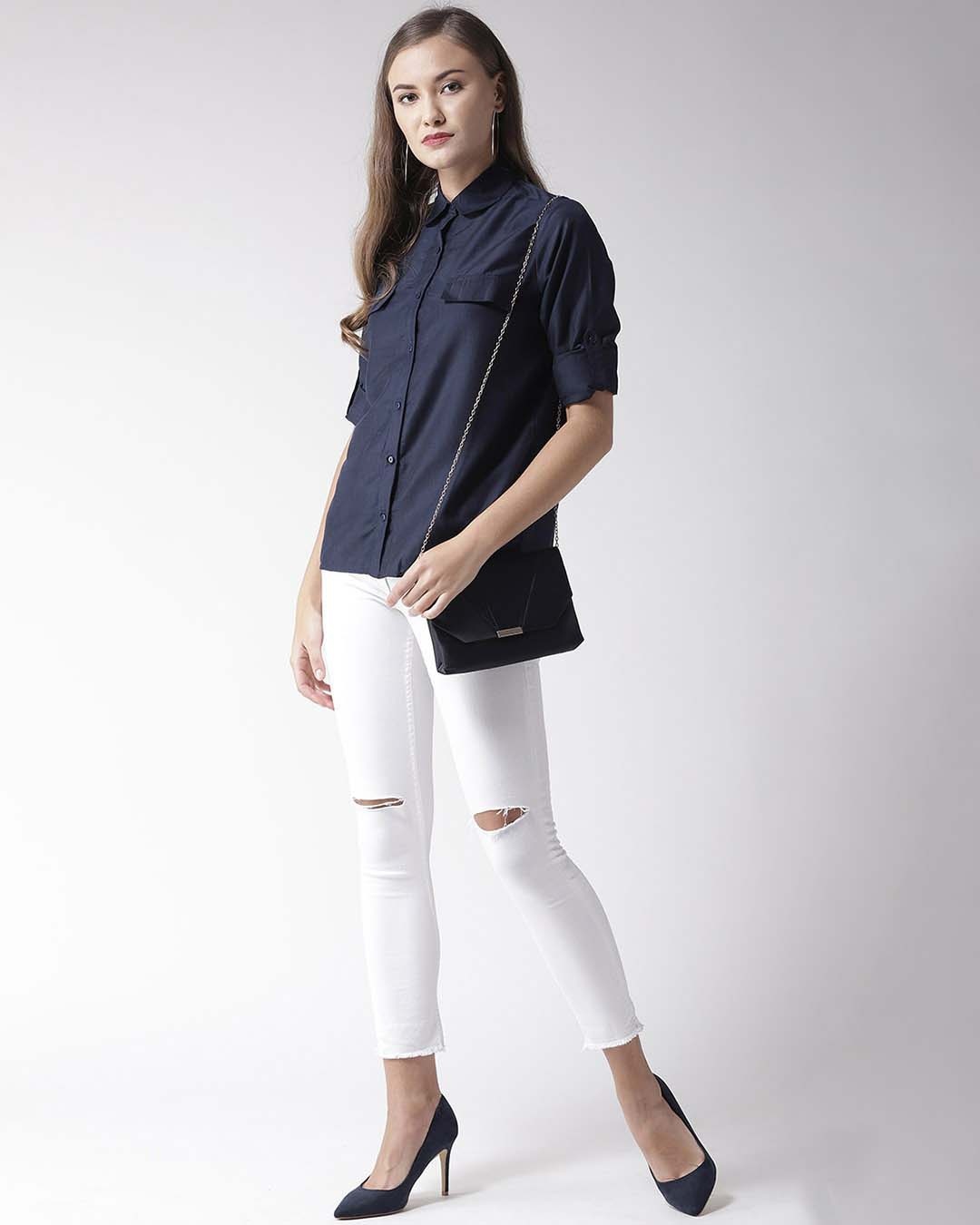 Shop Women's Navy Blue Classic Fit Solid Casual Shirt-Full
