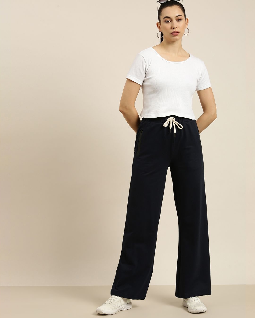 Buy Women's Navy Blue Solid Wide Leg Pants for Women Blue Online at ...