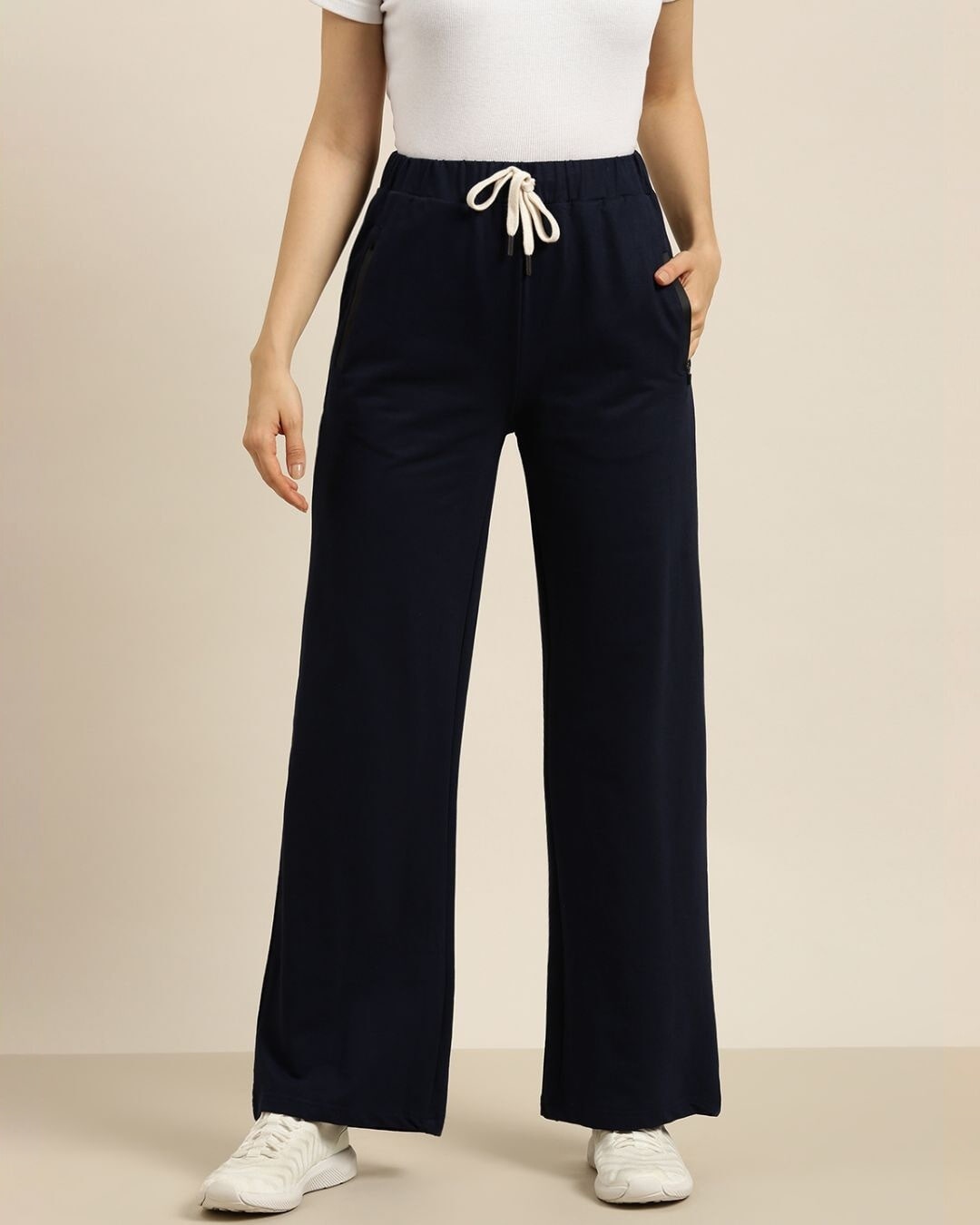 Buy Women's Navy Blue Solid Wide Leg Pants for Women Blue Online at ...
