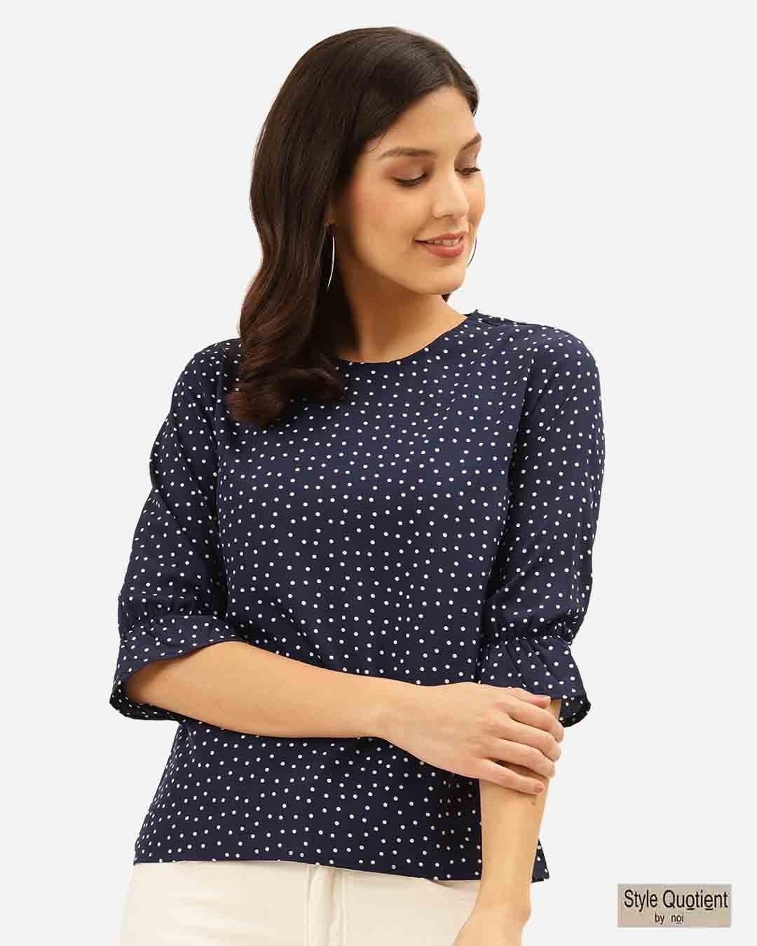 Shop Women's Navy Blue & White Polka Dot Print Regular Top-Front