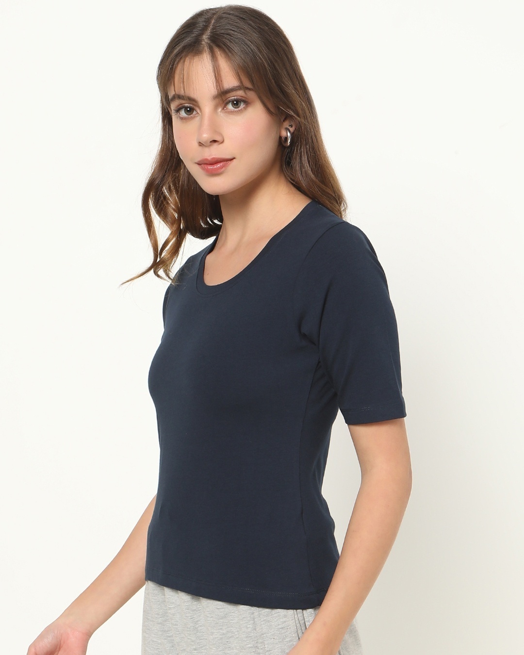 Shop Women's Navy Elbow Sleeve Scoop Neck T-shirt-Back