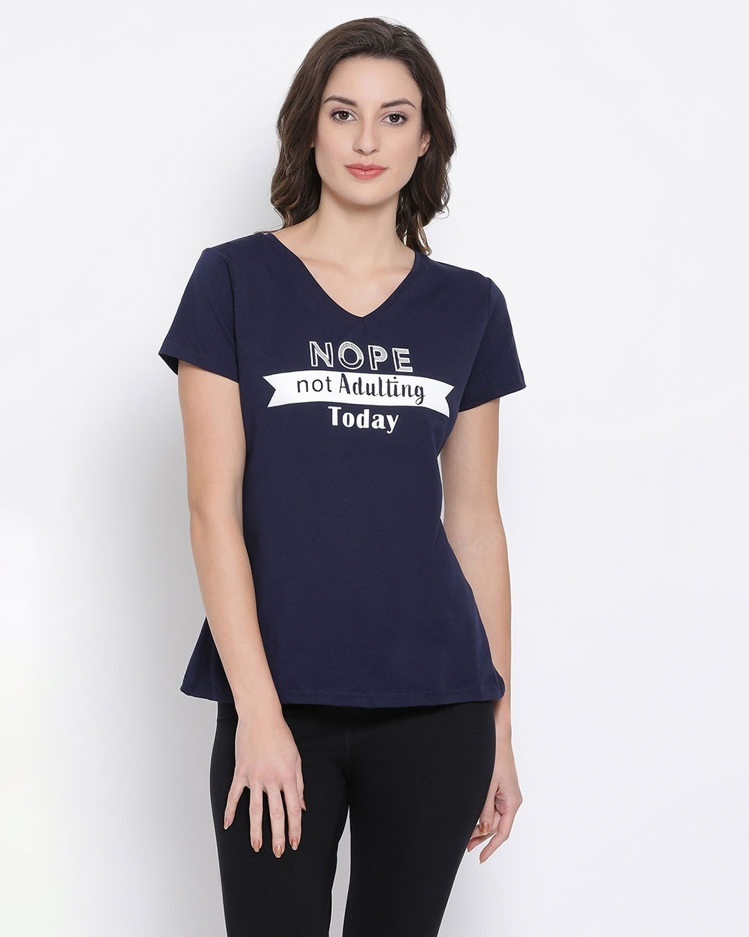 Shop Women's Navy & White Printed V-Neck T-shirt-Front