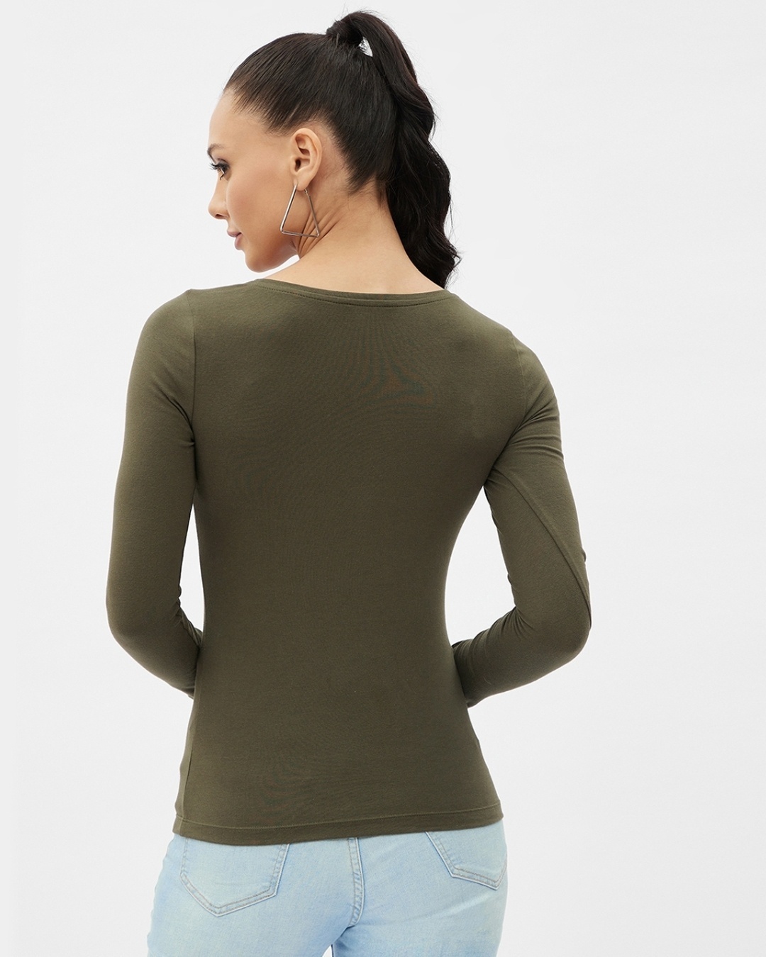 Shop Women's Olive Cotton Scoop Neck Regular Long Sleeve T-shirt-Design