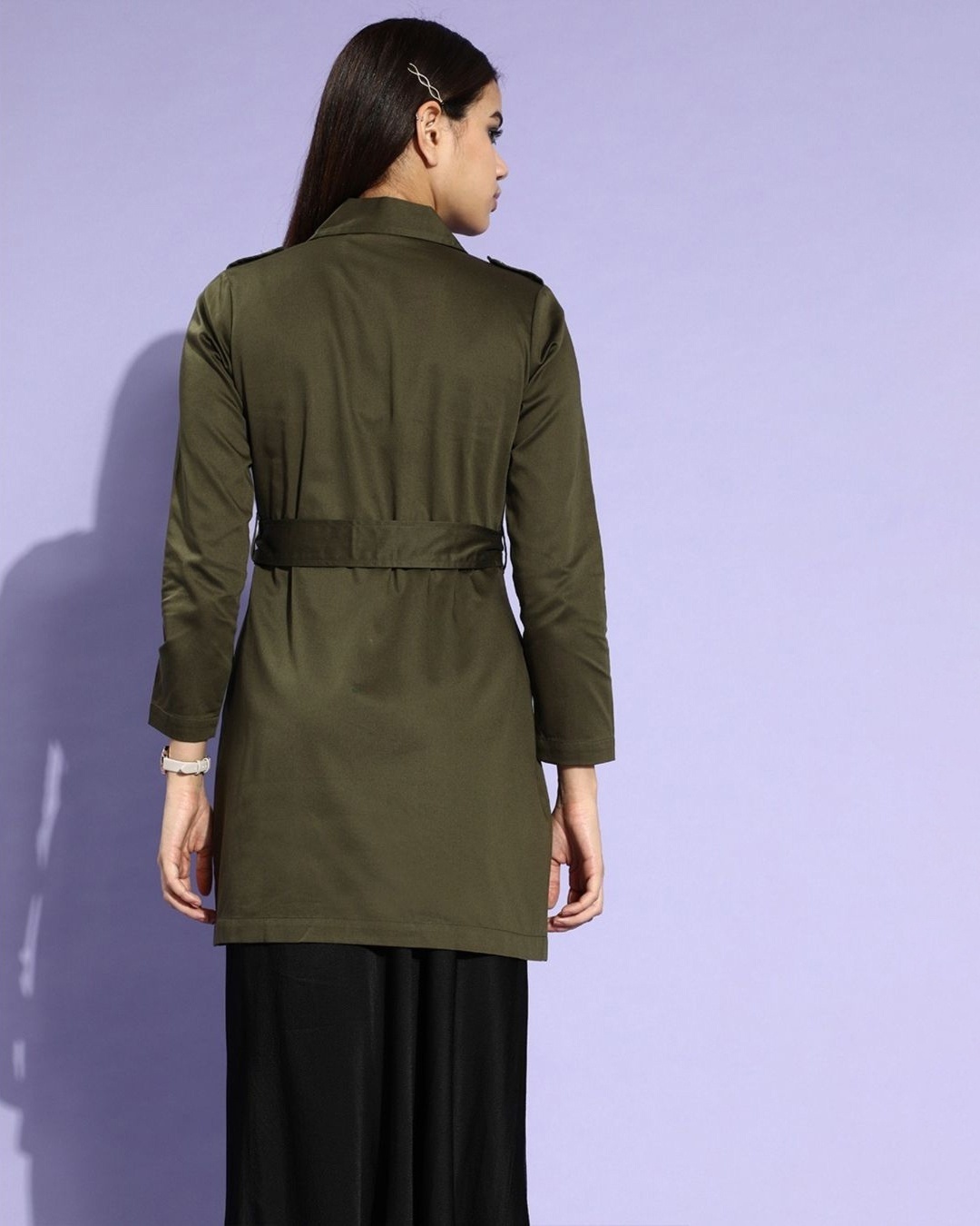 Shop Women's Olive Cotton Trench Coat-Back