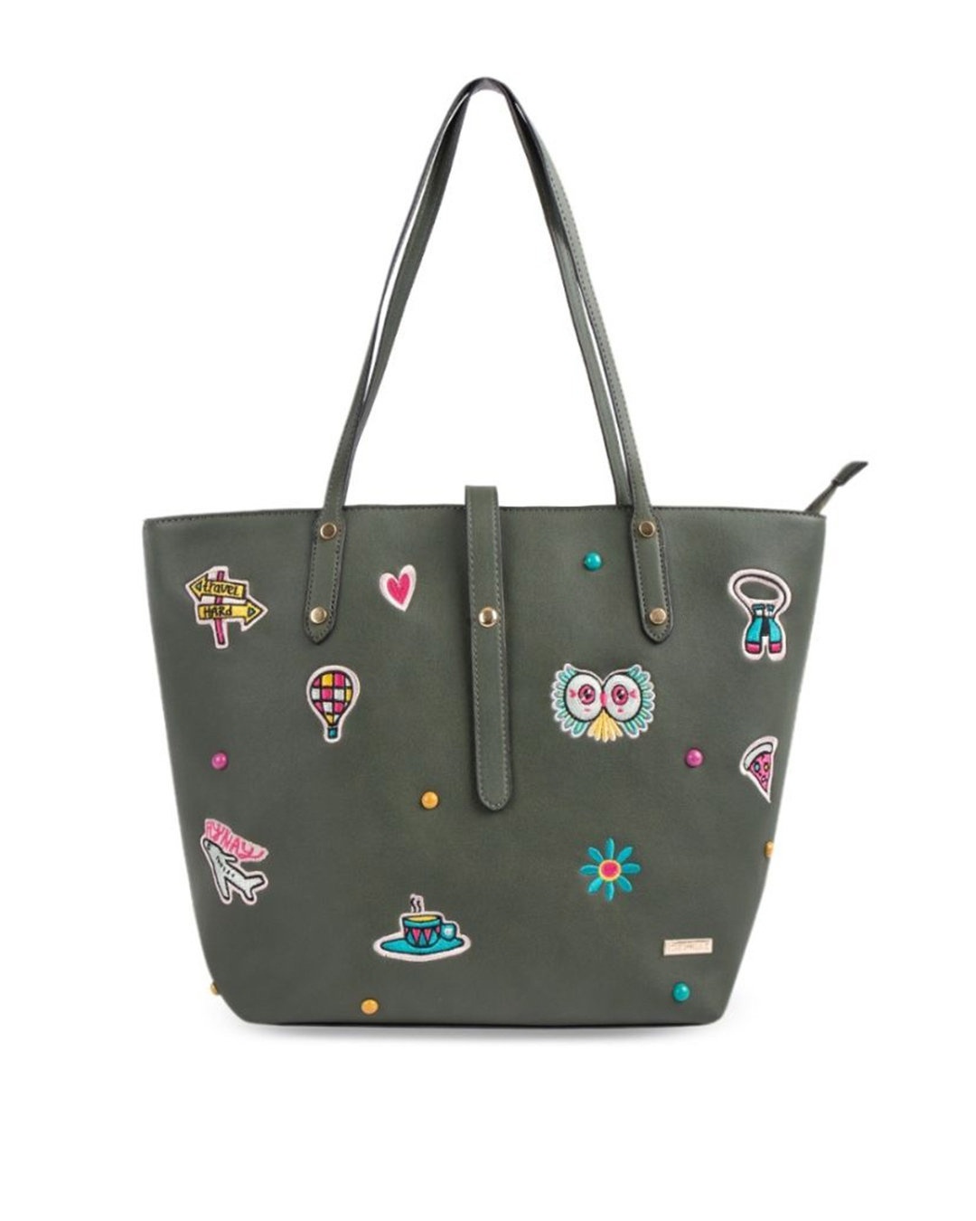 Shop Women's Olive Embroidered Travel Patches Tote Bag-Front