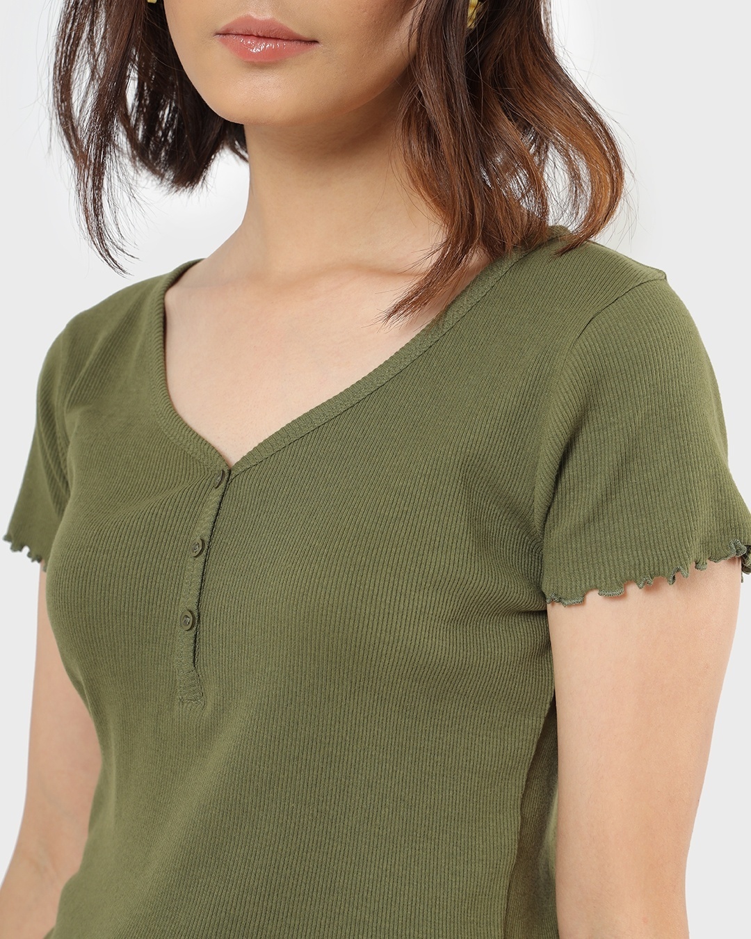Shop Women's Olive Solid V-neck Slim Fit Top