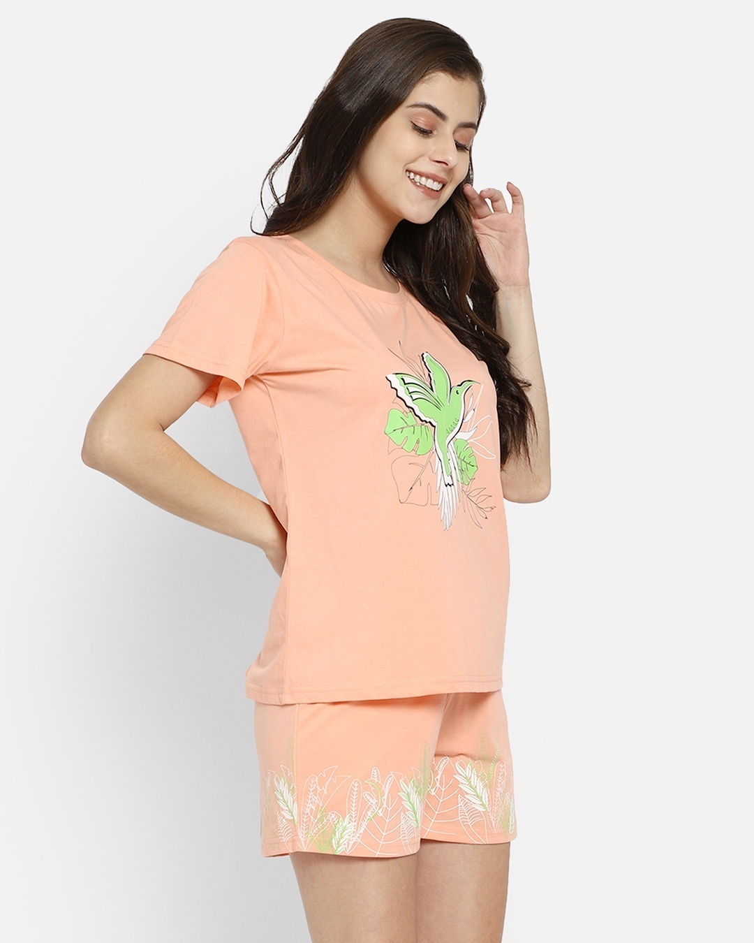 Shop Women's Orange Bird Graphic Printed Cotton T-shirt & Shorts Set-Back