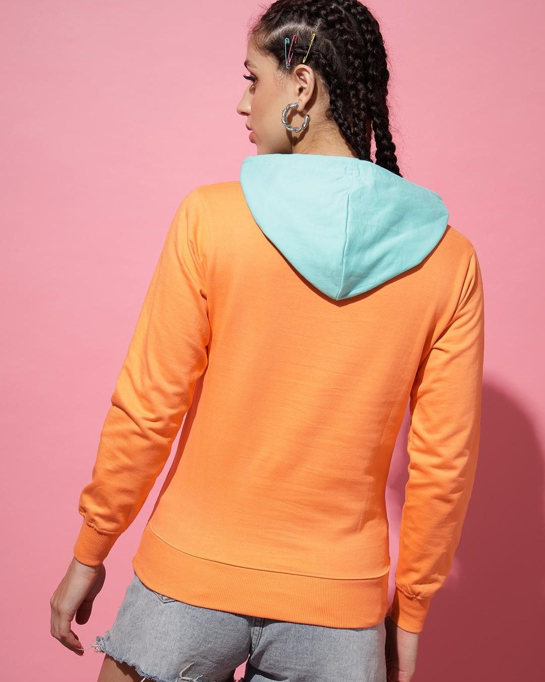 Shop Women's Orange Color Block Hooded Sweatshirt-Full