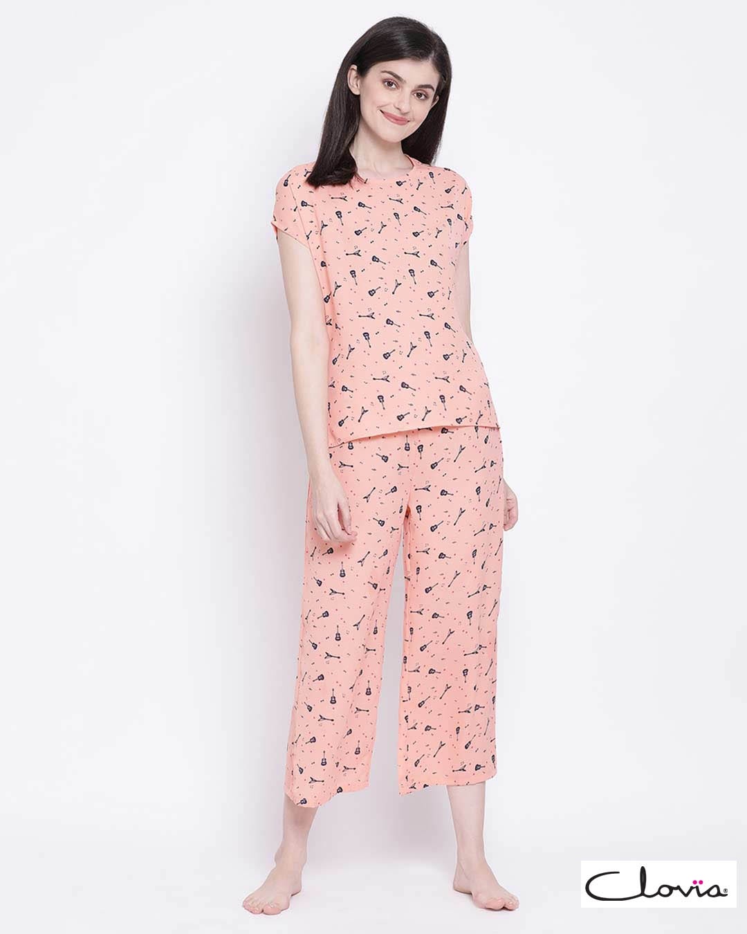 Shop Women's Orange Crepe Printed Top & Pyjama Set-Front