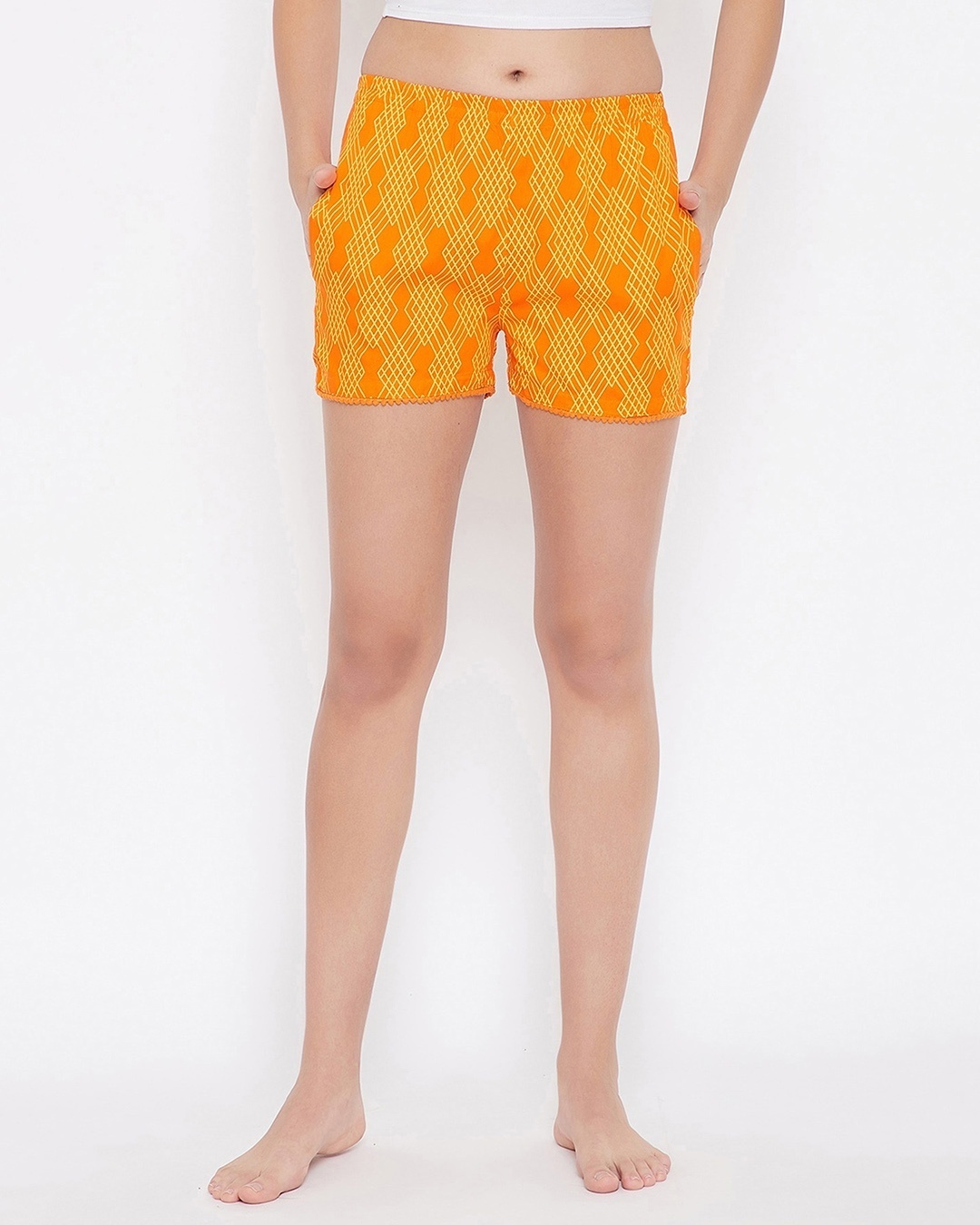 Shop Women's Orange Geometric Printed Lounge Shorts-Front