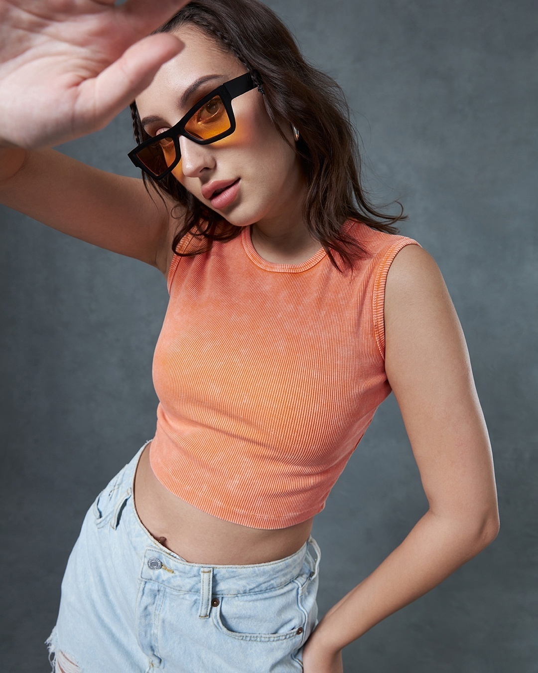 Women's Orange Slim Fit Short Top paired with baggy jeans