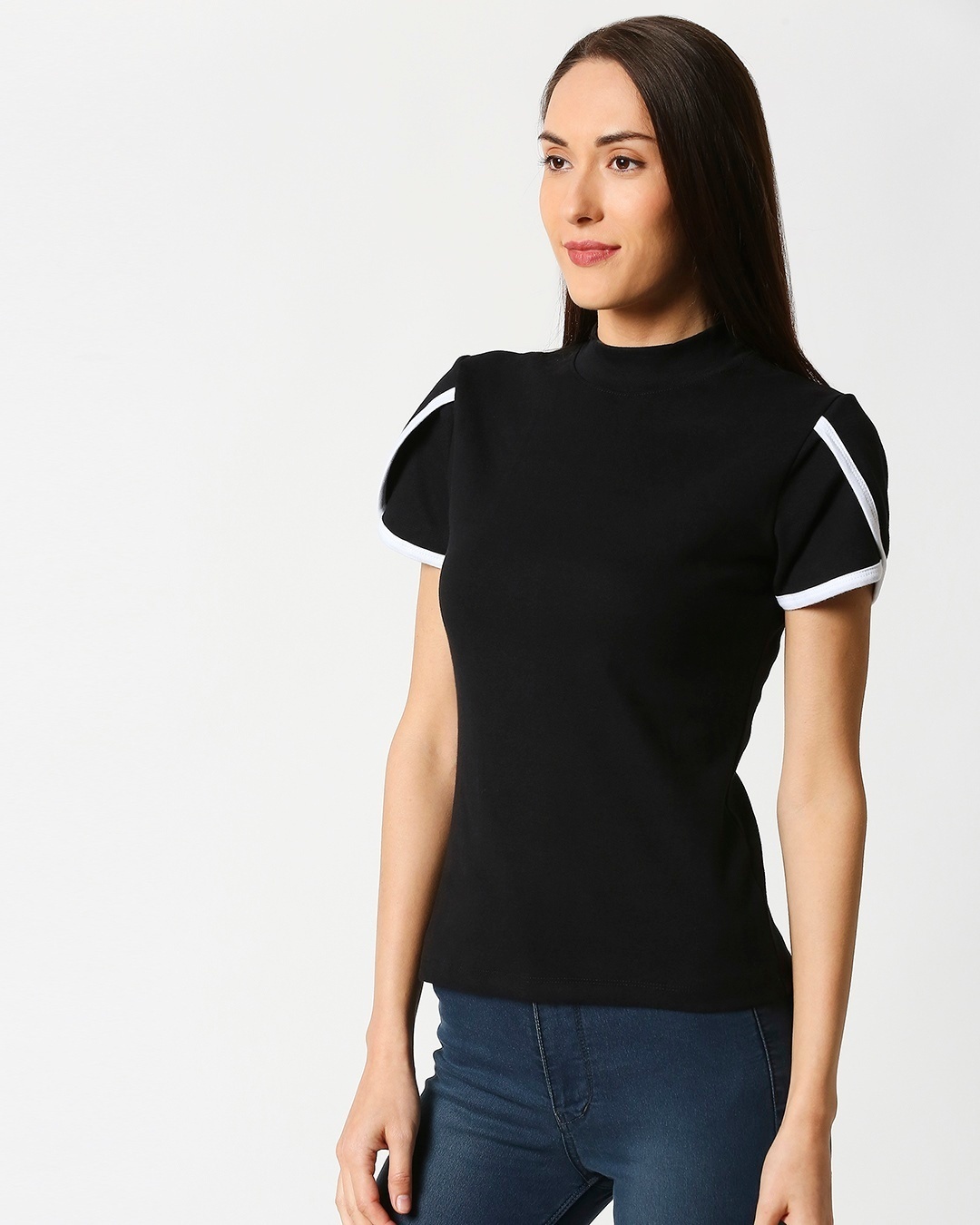 Shop Women's Petal Sleeves High Neck Rib T-Shirt-Design