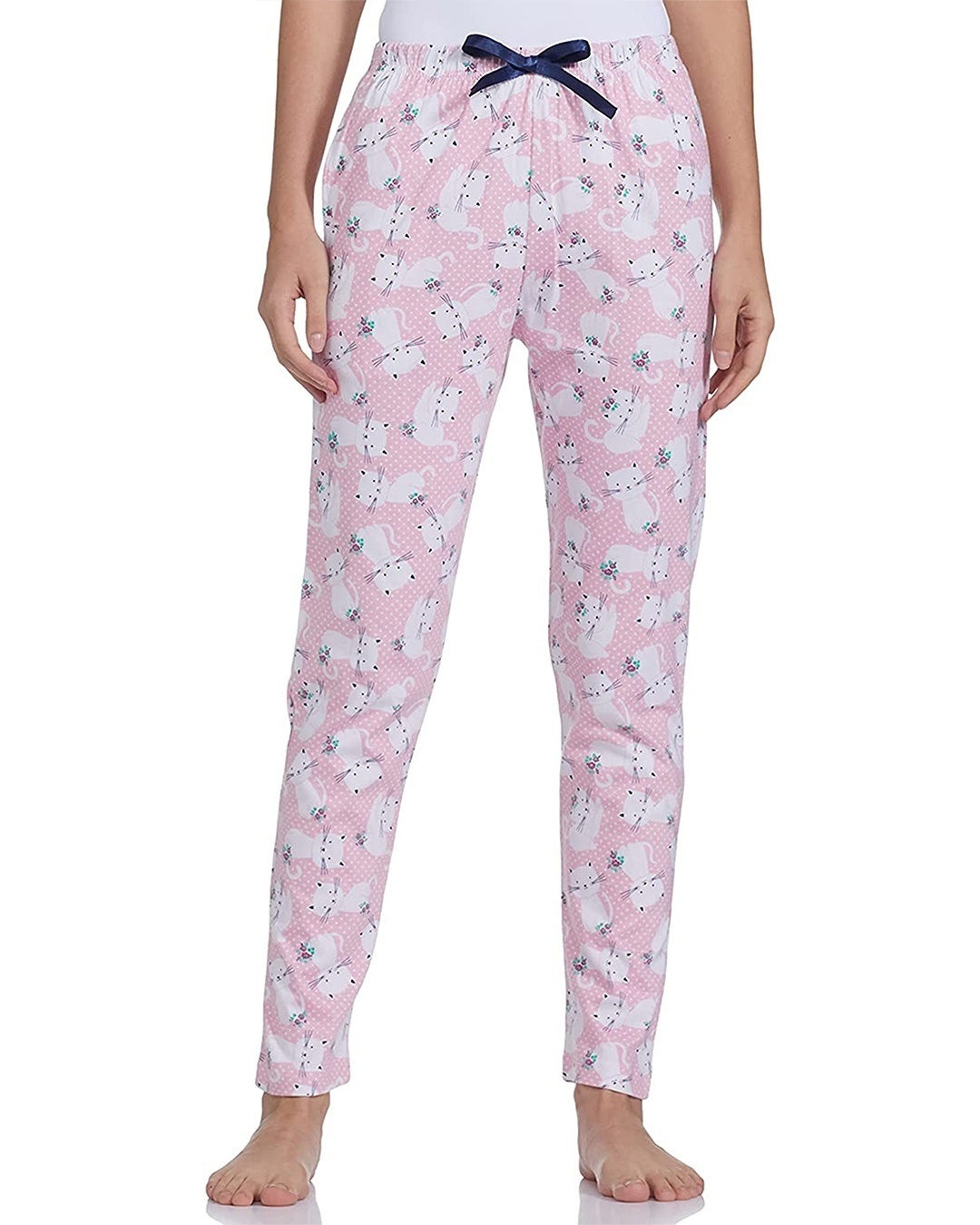 Shop Women's Pink All Over Cat Printed Cotton Pyjamas-Front
