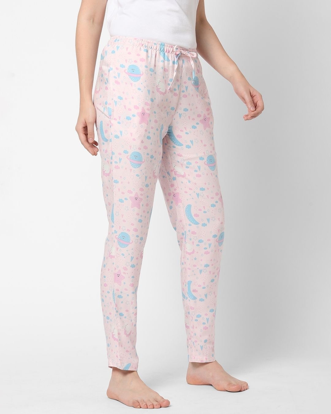 Shop Women's Pink All Over Clouds & Stars Printed Lounge Pants-Back