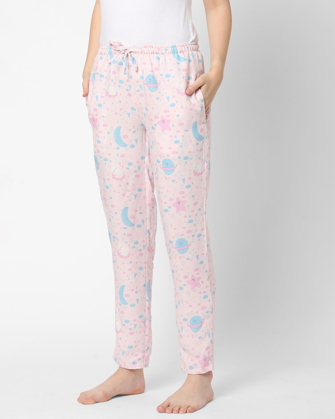 Shop Women's Pink All Over Clouds & Stars Printed Lounge Pants-Full