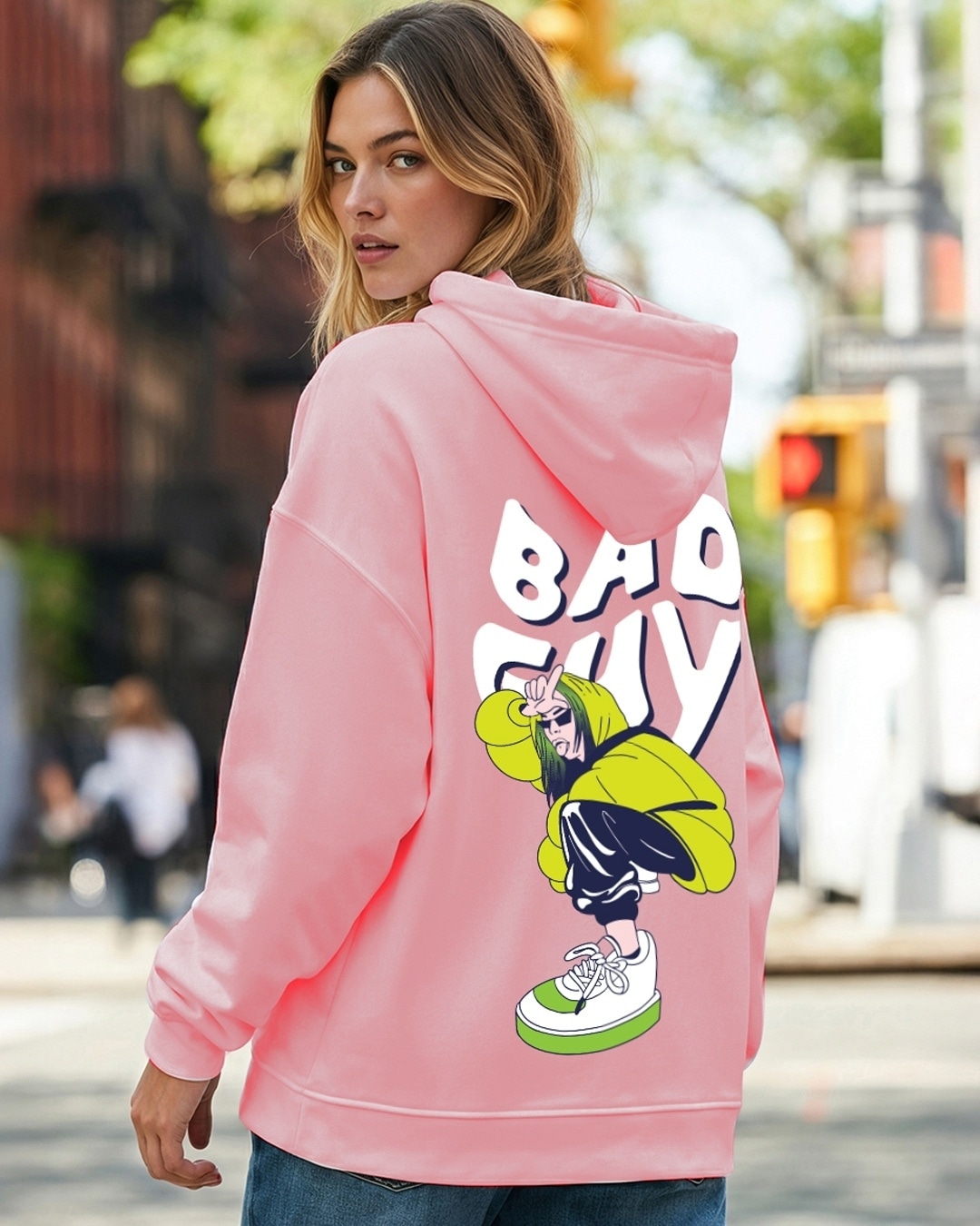 Women's Pink Bad Guy Billie Graphic Printed Oversized Hoodies