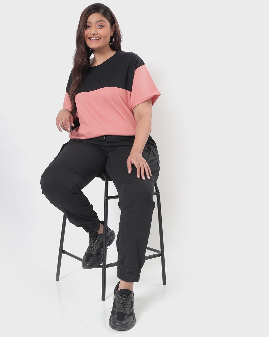Shop Women's Pink & Black Color Block Plus Size Boyfriend T-shirt-Full