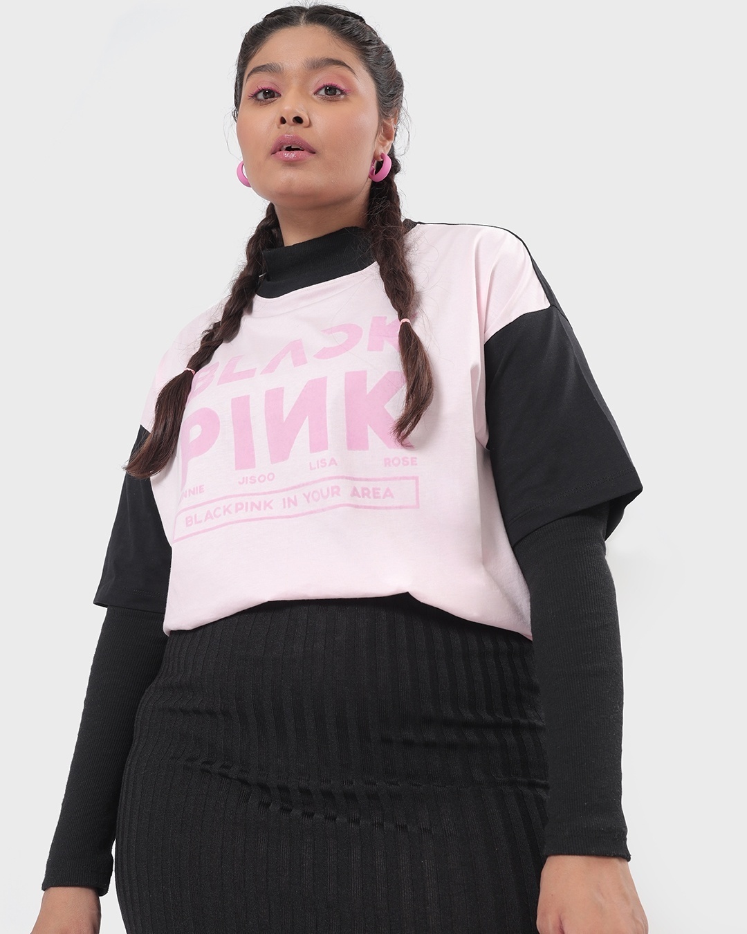 Shop Women's Pink & Black Color Block Typography Oversized Plus Size T-shirt-Front