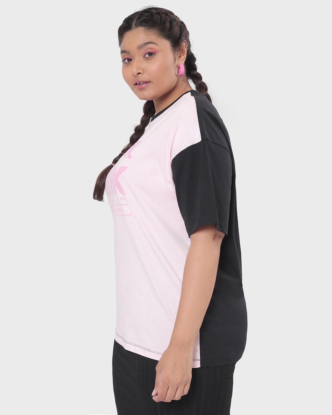 Shop Women's Pink & Black Color Block Typography Oversized Plus Size T-shirt-Back
