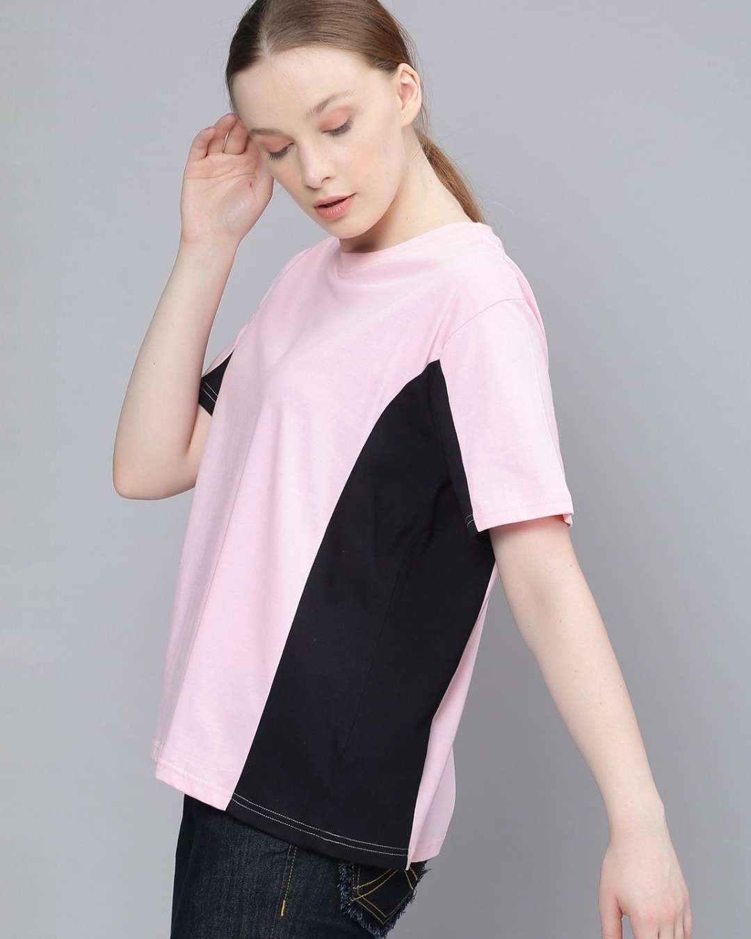 Shop Women's Pink & Black Colourblocked T-Shirt-Design