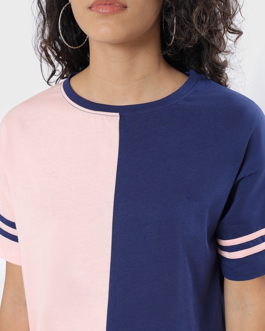 Shop Women's Pink & Blue Color Block Relaxed Fit T-shirt
