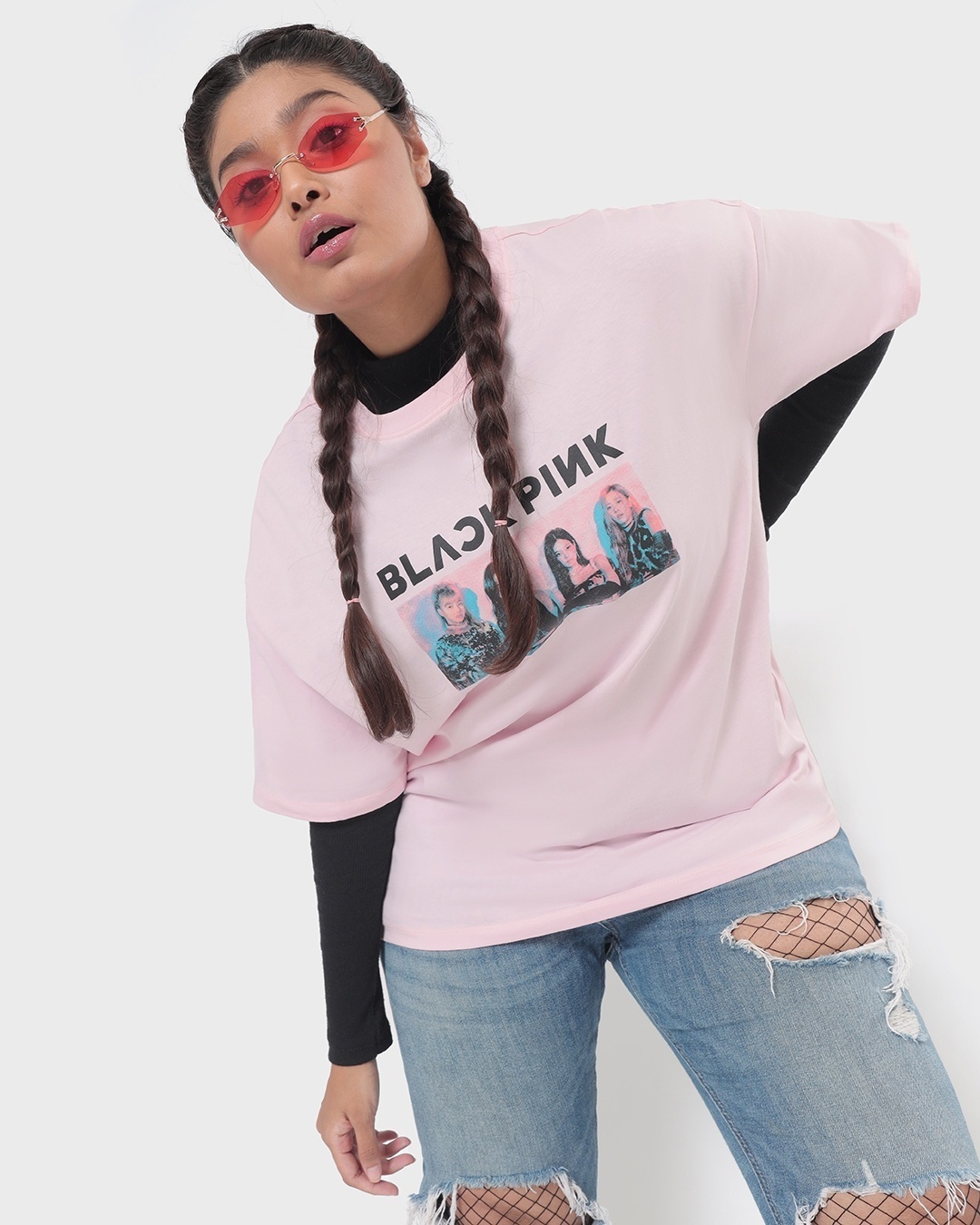 Shop Women's Pink BP Graphic Printed Plus Size Super Loose T-shirt-Front