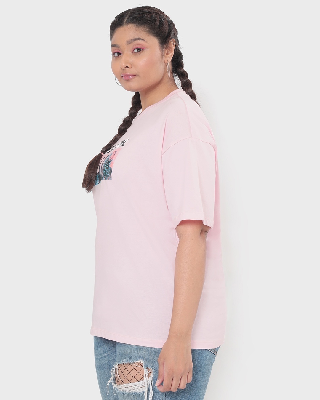 Shop Women's Pink BP Graphic Printed Plus Size Super Loose T-shirt-Back