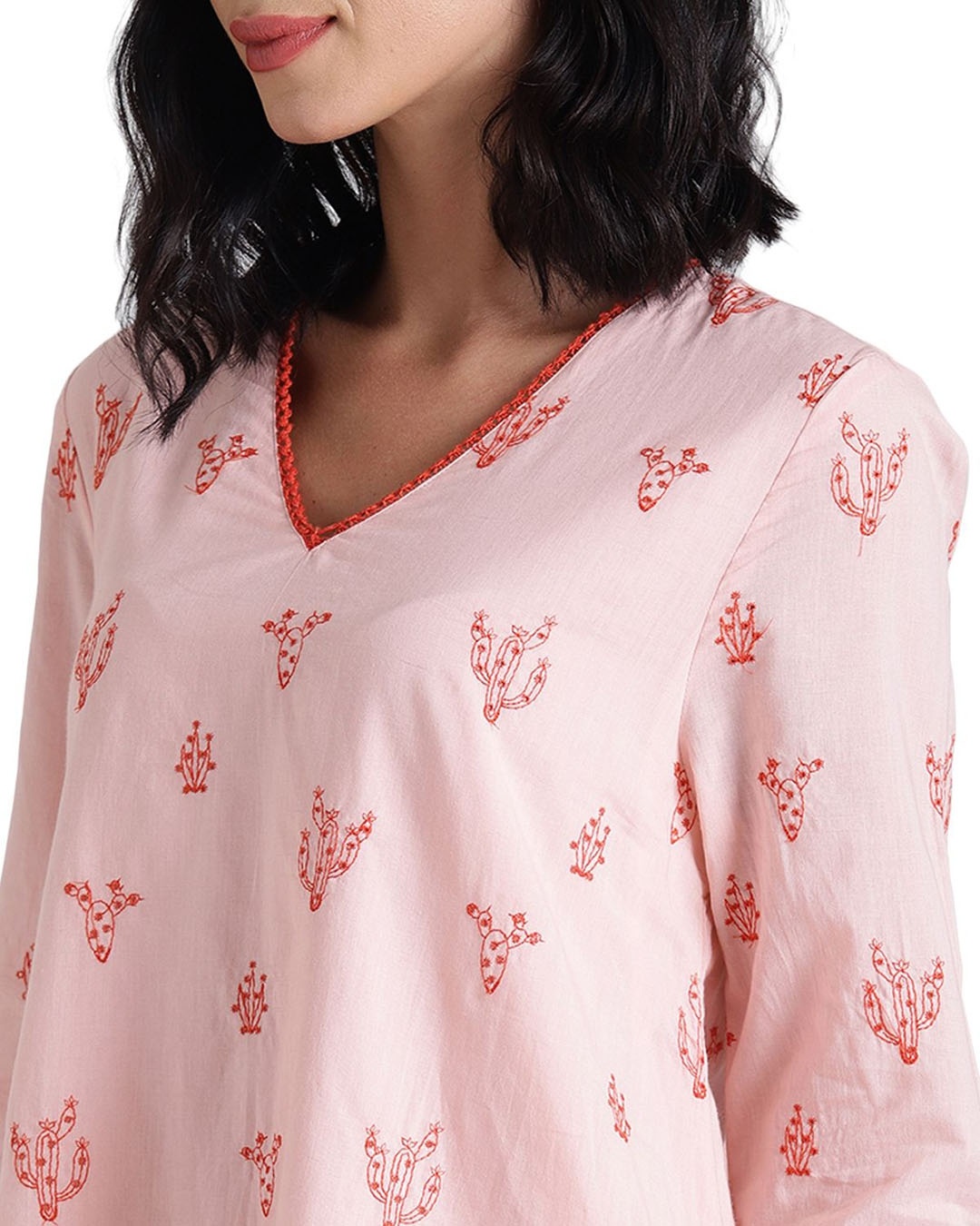 Shop Women's Pink Cacti Love Embroidered A Line Pink Dress-Full