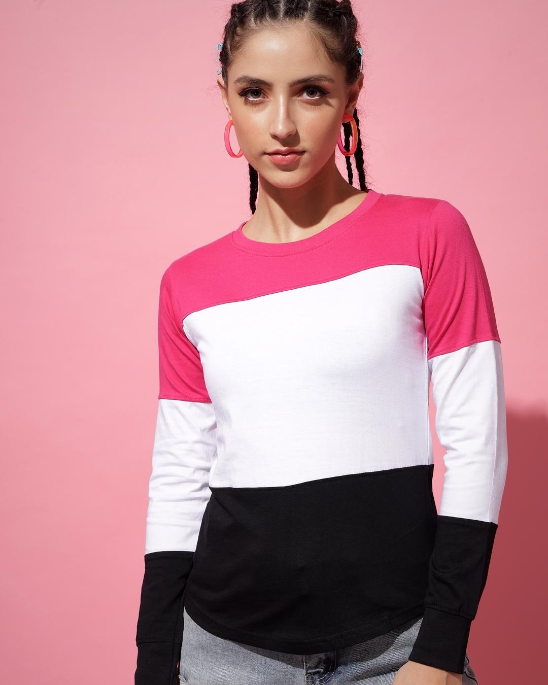 Shop Women's Pink Color Block T-shirt-Front