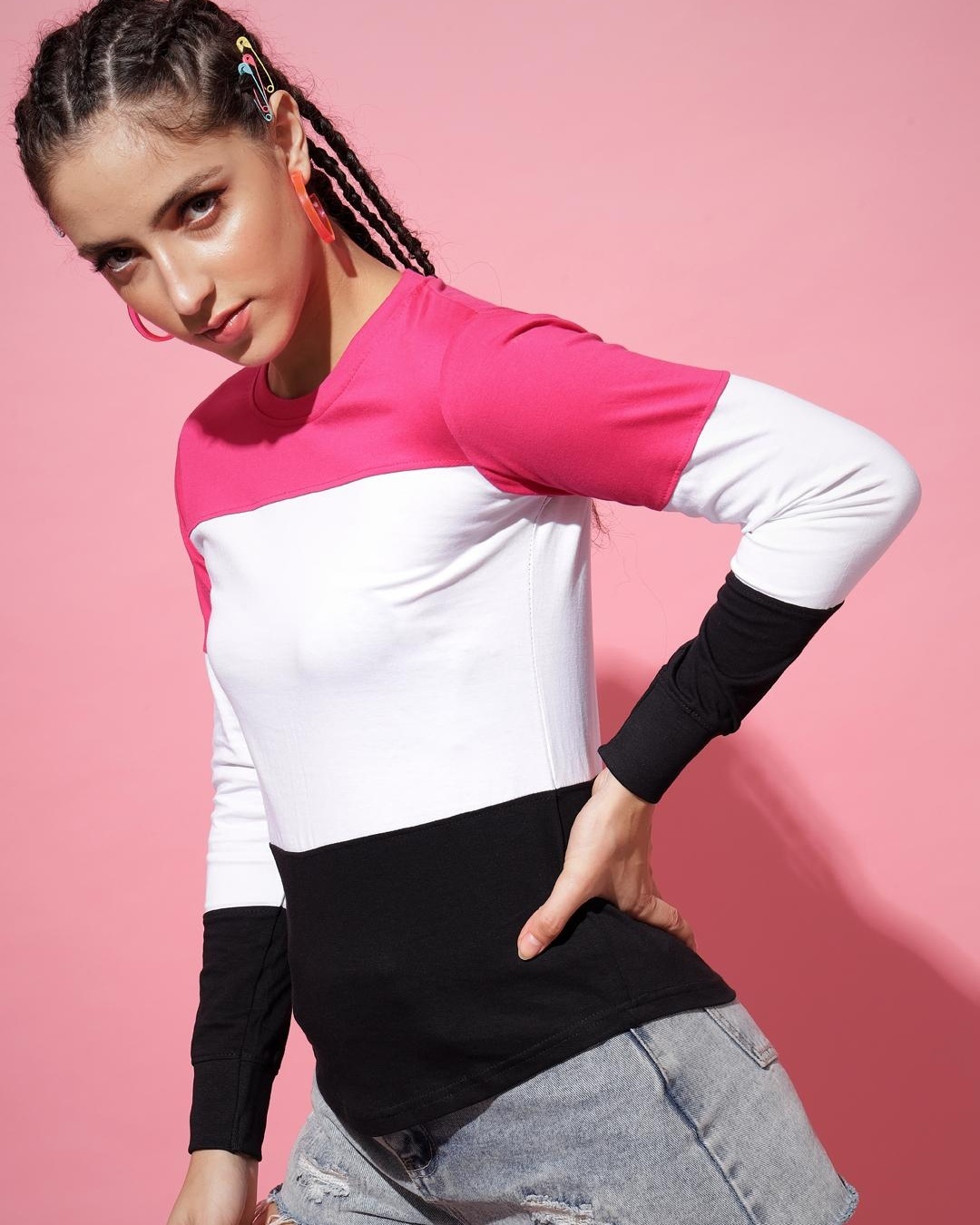 Shop Women's Pink Color Block T-shirt-Back