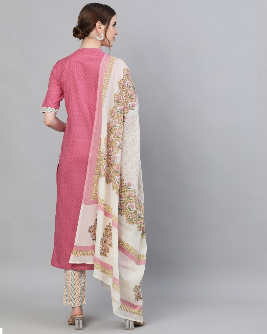 Shop Women's Pink & Cream Printed Kurta With Pant & Dupatta Set-Back