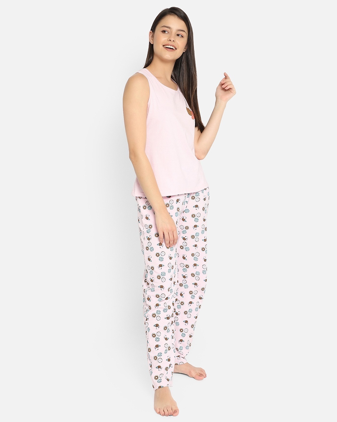 Shop Women's Pink Donuts & Fruits Printed Nightsuit-Back