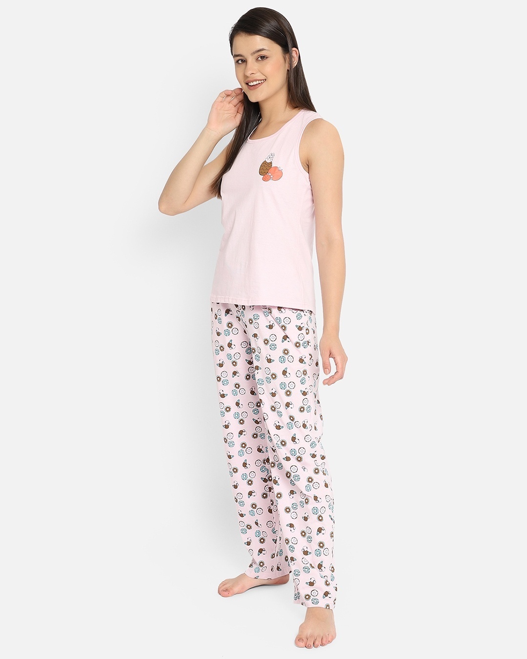 Shop Women's Pink Donuts & Fruits Printed Nightsuit-Full